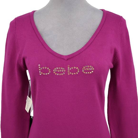 Bebe Sweater Womens XL Pink Sequins Stretch Knit Tunic V-neck Open Back New - Picture 13 of 16